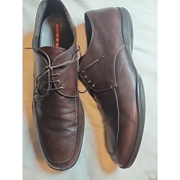 PRADA Men’s Brown Leather Apron-Toe Derby Shoes 14E Wide Made in Italy - Picture 1 of 9